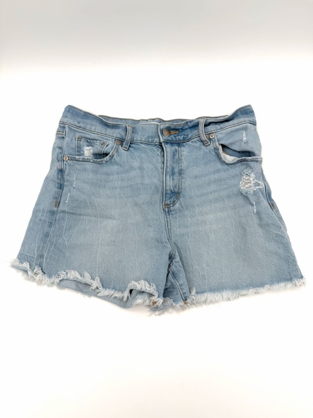 Loft Women's Blue Jean Shorts Tears Torn Cut Off Size 6 Button Aged Distressed